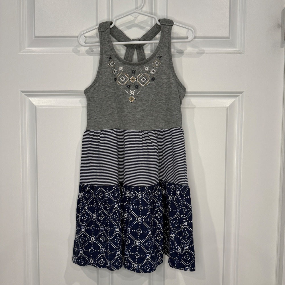 Epic Threads Girls Grey Navy Mixed Print Tiered Embroidered Dress Size 6